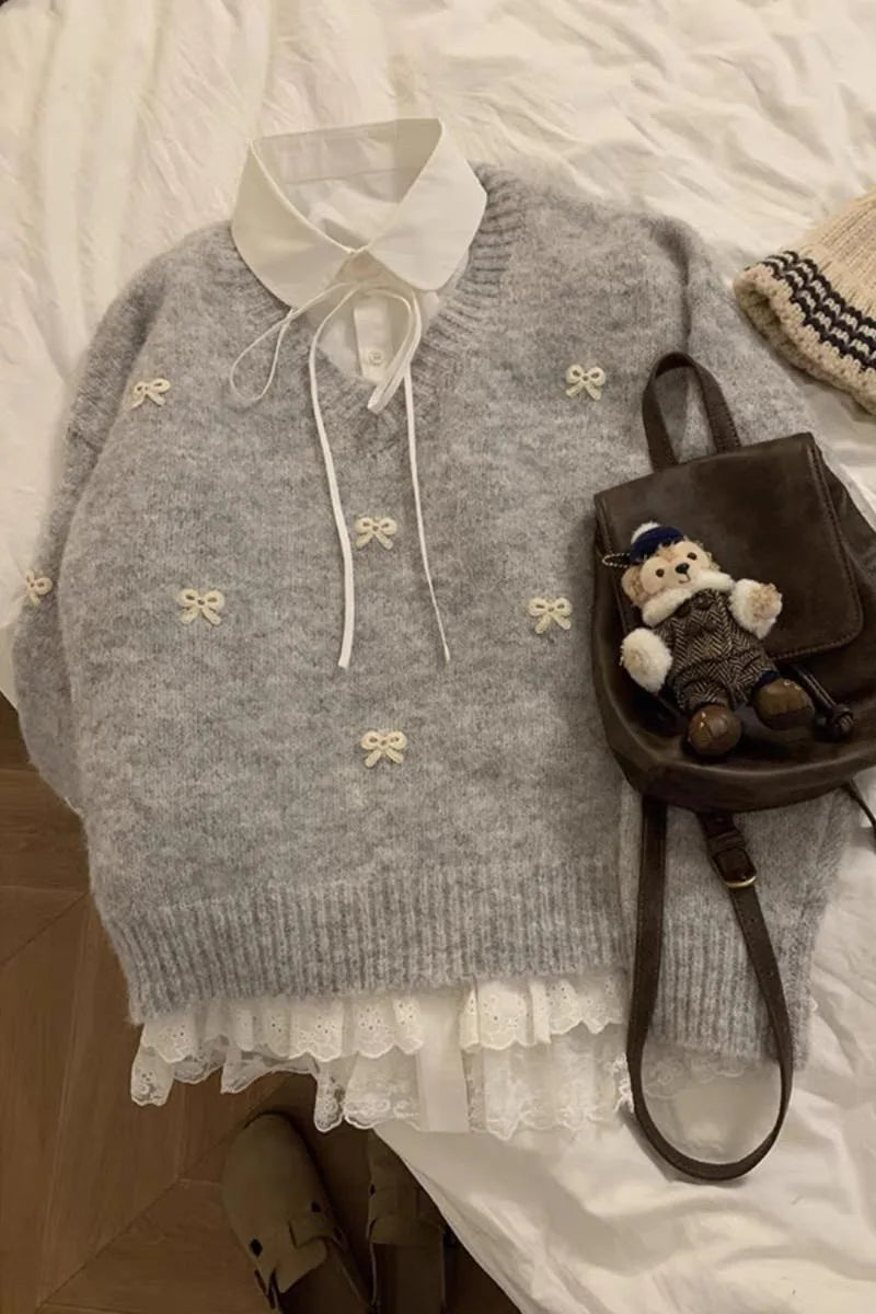 Sweet Hot Girl Grey Bow Embroidered Sweater Autumn Loose Thickened Knitted Pullover Female Clothes