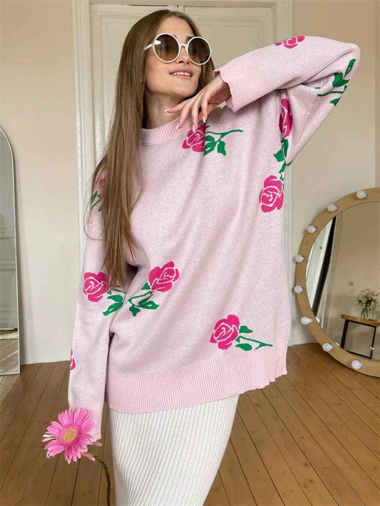 Autumn Knit Sweater Pullover ’s Printed Long Sleeve High Waist Ribbed Loose Knitwear Top Female Sweater