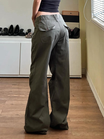 Sweetown Retro Green Low Rise Straight Jeans Woman Y2k Denim Trousers Pockets Cargo Jean Pants