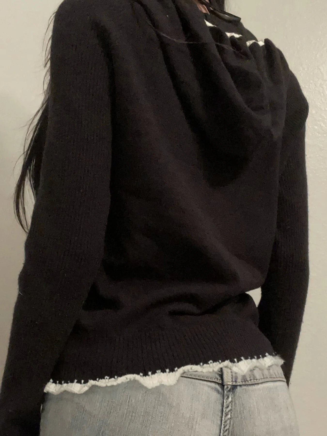 Lace Trim Pocket Patchwork Drawstring Hooded Slightly Thick Coat Y2k Zip Up Slim Sweater Autumn Winter Clothes