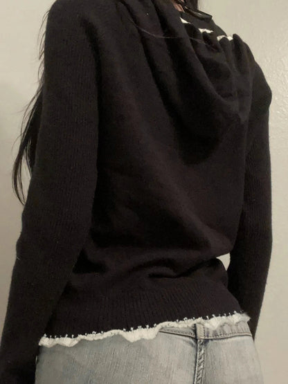 Lace Trim Pocket Patchwork Drawstring Hooded Slightly Thick Coat Y2k Zip Up Slim Sweater Autumn Winter Clothes