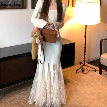 Bodycon Midi Dresses Flare Sleeve Slim Mermaid Dress Lace Fishtail Korean One Piece Party Dress Vestidos