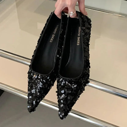 Bling Pumps Footwear Pointed Toe Shallow Low Heel Dress Shoes Female Comfort High Heels Zapatos De Mujer