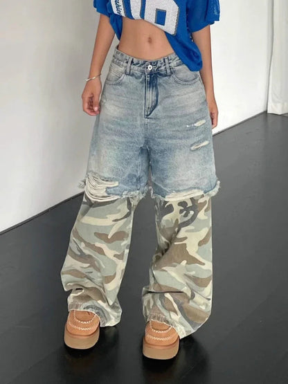 Camouflage Spliced Ripped Jeans for Hip Hop Y2k Baggy Wide Leg Denim Pants Trousers