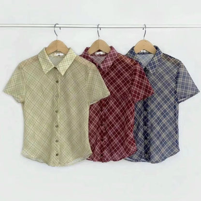 Korean Contrast Color Plaid Shortsleeved Shirt Summer New Polo Collar Multibutton Seethrough Crop Tops