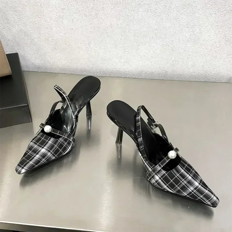 Pointed Toe Retro Plaid High Heels Slingbacks Shoes Pumps Office Dress Shoes Sandalias De Mujer
