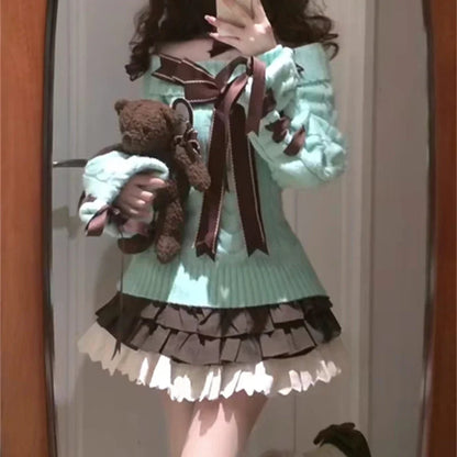 Kawaii Sweet Sweaters Off Shoulder Bow Patchwork Knitted Pullover Preppy Style Long Sleeve Sweaters