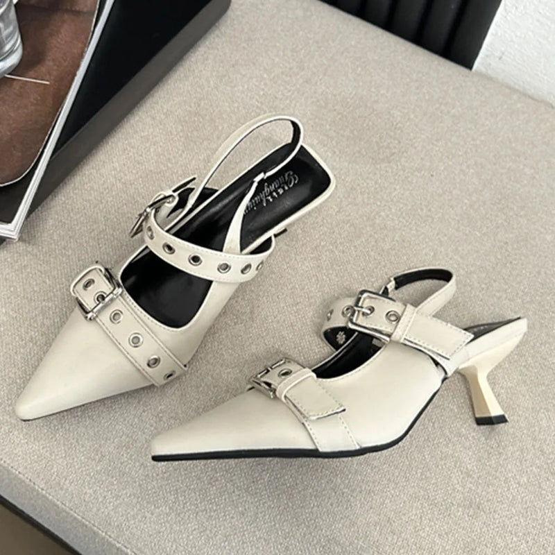 Pumps Belt Buckle Pointed Toe Black High Heel Mule Summer Slides Half Slipper Shoes for Big Size 43