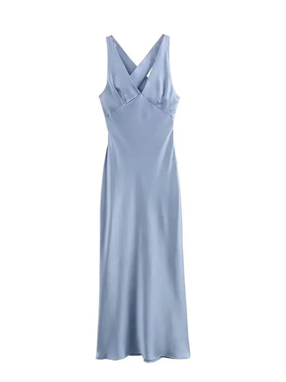 Vneck Party Long Dress Satin Sleeveless Slim Fit Dresses Zipper Female Backless Maxi Dress