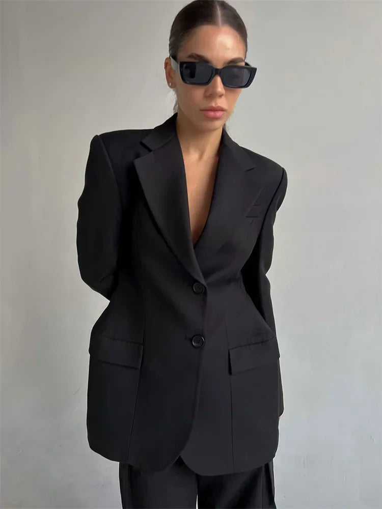 Black Lapel Suit Outwear for Pocket Long Sleeve Commute Patchwork Coat Female High Waist Autumn Blazers