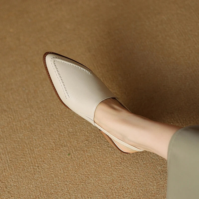 New Summer Sandals Genuine Leather Shoes for Pointed Toe Chunky Heel Shoes Simple Cover Toe Slingback Buckle Sandals