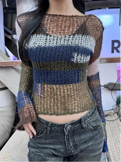 Y2k Hollow Out Sweater Patchwork Striped Knit Sweater Japanese 2000s Hole Pullover Aesthetics Crop Knit Tops