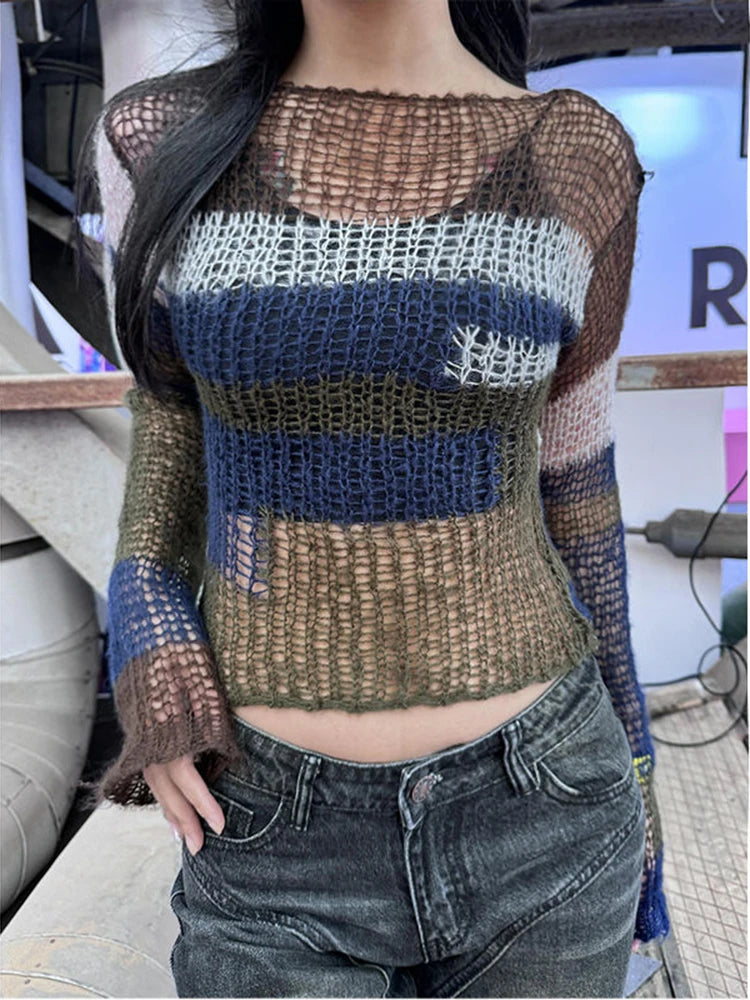 Y2k Hollow Out Sweater Patchwork Striped Knit Sweater Japanese 2000s Hole Pullover Aesthetics Crop Knit Tops