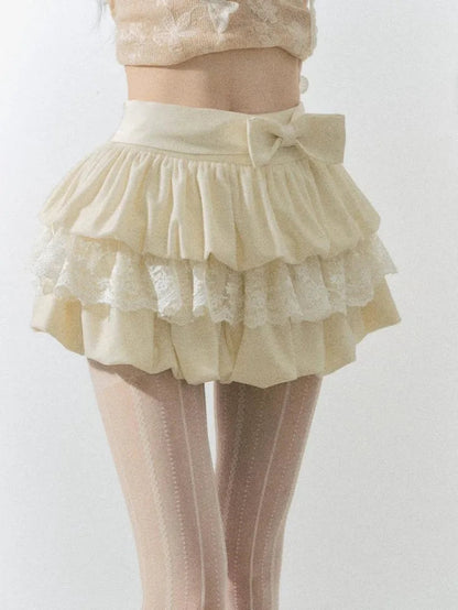 Sweet Bow Hite Lace Skirt for Y2k High Waist Faldas Mujer Allmatch Ruched Aline Cake Skirts