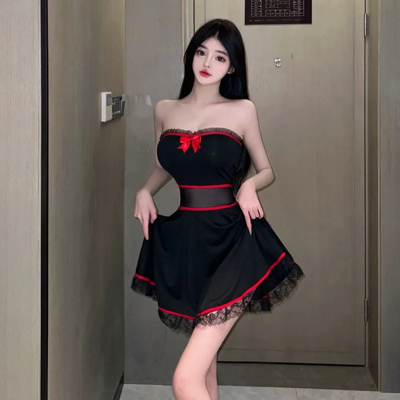 Dresses Lace Patchwork Bow Strapless Slim Backless See Through Clubwear Mini Dress