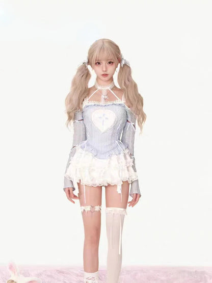 Japanese Style Lolita Skirt Sets Woman Harajuku Kawaii Print Blouse + Slim Cake Skirt Y2k Mini Skirt Hot 2000s