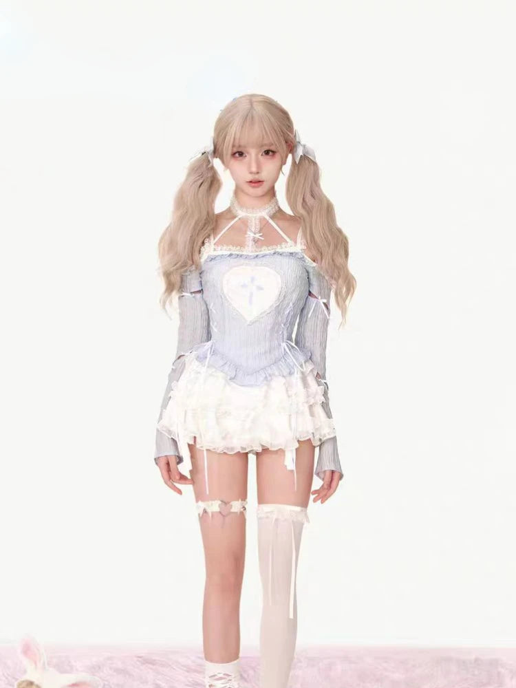 Japanese Style Lolita Skirt Sets Woman Harajuku Kawaii Print Blouse + Slim Cake Skirt Y2k Mini Skirt Hot 2000s