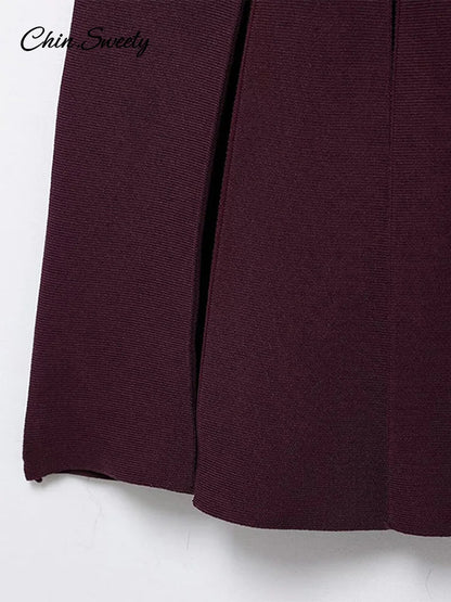 Knit Burgundy Red A-line Mini Dress O-neck Long Sleeves Pleat Party Dresses Female Spring New Pockets Button Vestidos