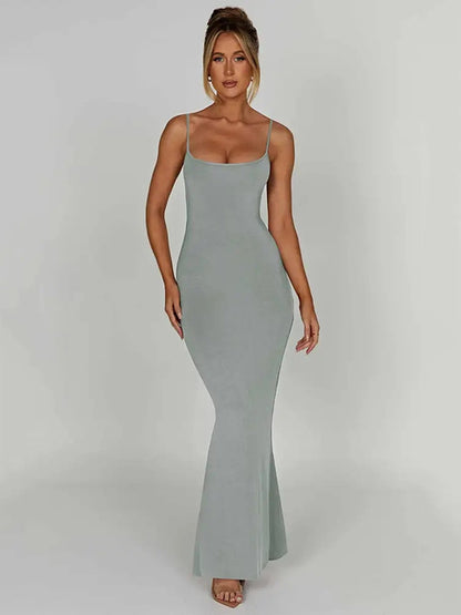 Spaghetti Strap Backless Bodycon Maxi Dress Slim Party Club Female Vesidos Street Evening Dress