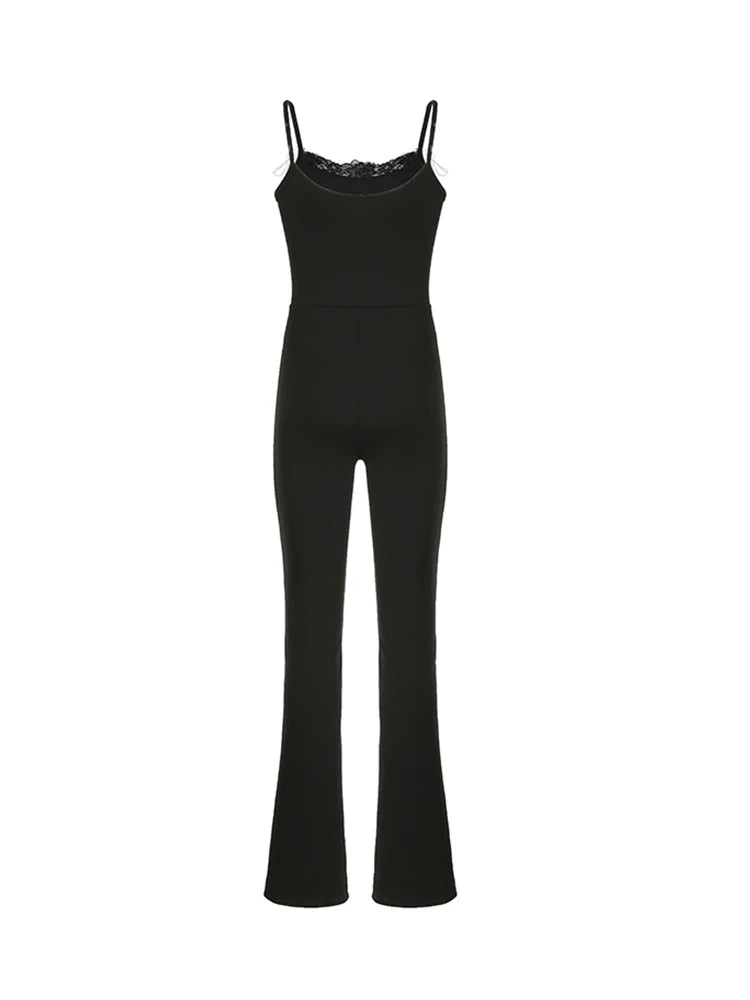 Black Sleeveless Skinny Flared Jumpsuits Lace Trim Tie Bow Sweet Y2k Slip Rompers