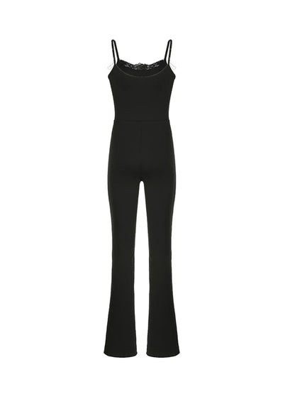 Black Sleeveless Skinny Flared Jumpsuits Lace Trim Tie Bow Sweet Y2k Slip Rompers