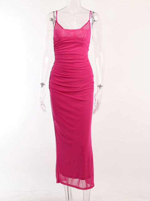 Lace Mesh Backless Maxi Dress for New Spaghetti Strap Sleeveless Bodycon Club Party Dress