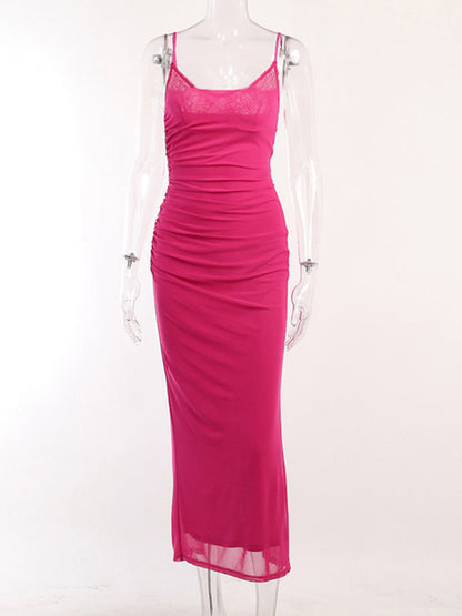 Lace Mesh Backless Maxi Dress for New Spaghetti Strap Sleeveless Bodycon Club Party Dress