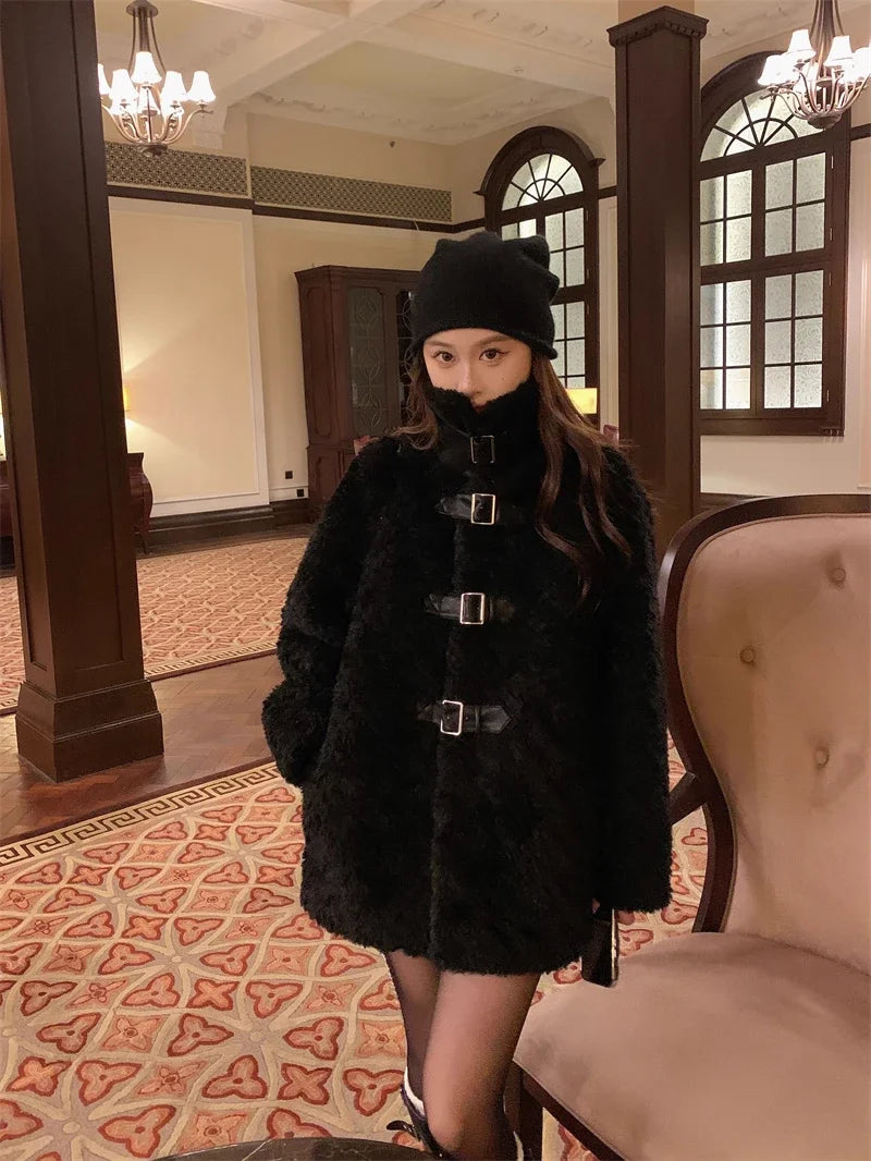 Sweet Hot Girl Stand Collar Belt Buckle Lamb Wool Coat Autumn/winter Doublesided Thick Jacket Female Clothes