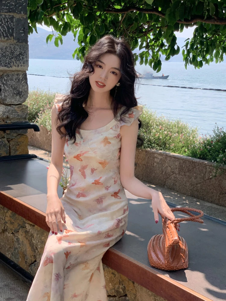 Summer French Midi Dress Office Lady Y2k Causal Retro Party Dress Korean Print Slim Dress New