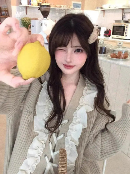 Knitted Sweater Lace Bandage Ruffles V Neck Loose Stretch Loose Pullover Autumn Winter Female Jumper