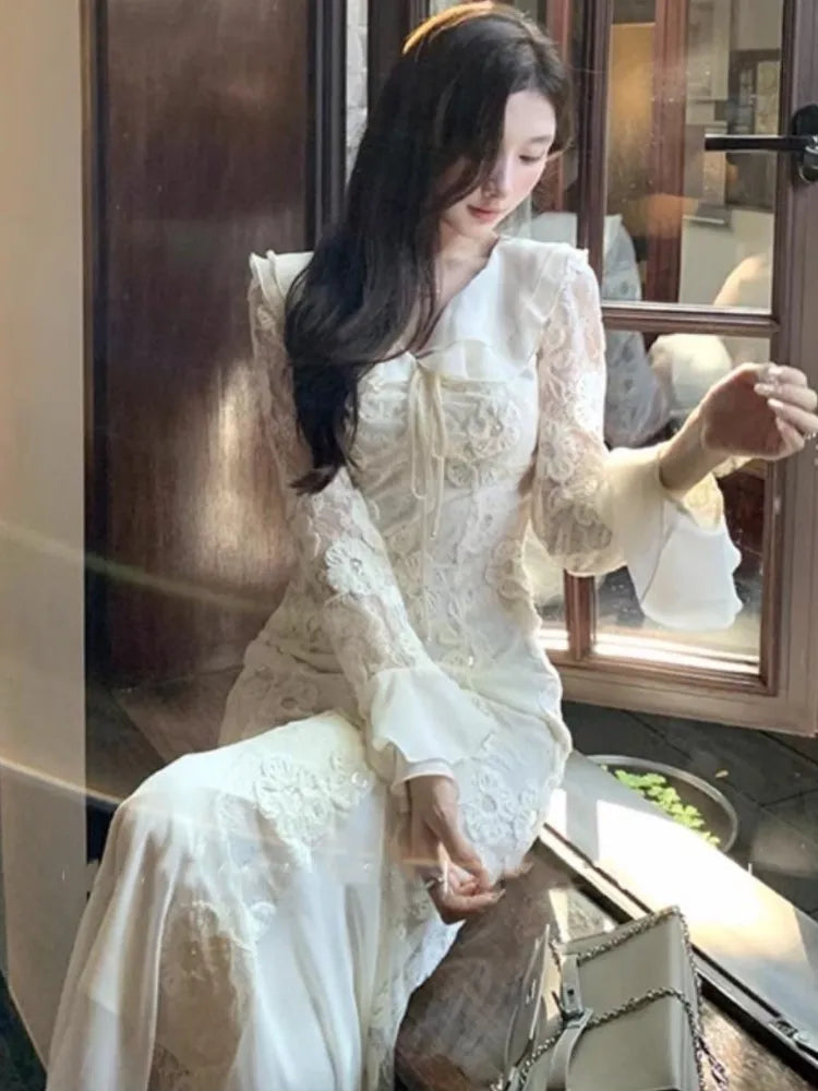 Party Dresses Woman Autumn Laceup Vneck Flare Sleeve Evening Party Long Dress Vestidos Robe Female Clothing New