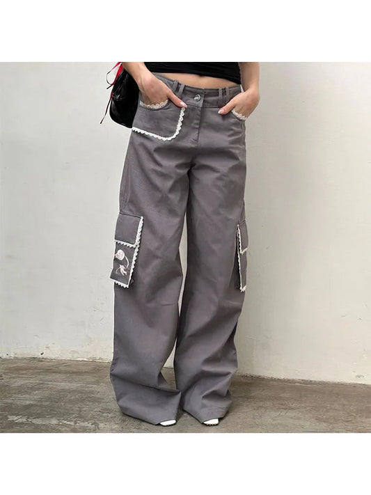 Woman Denim Pants Loose Trousers Low Waist Sweatpants Floorlength Cargo Pockets Pants Bell Bottoms Hiking Design Pant Y2k