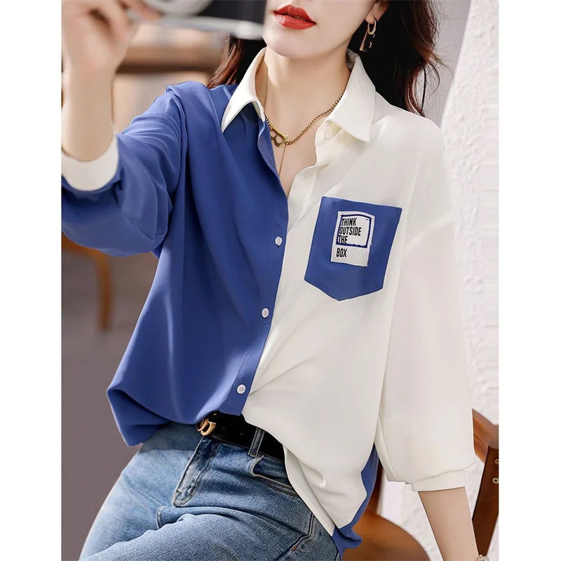 Woman Spring Autumn Style Blouses Shirts Lady Long Sleeve Turn-down Collar Patchwork Printed Blusas Tops Df4852