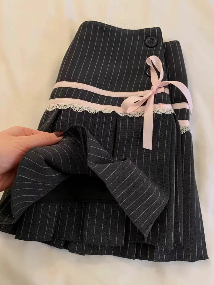 Preppy Style Half Skirt Clothing Highwaisted Aline Skirt Bow Stripes Contrast Color Pleated Skirts