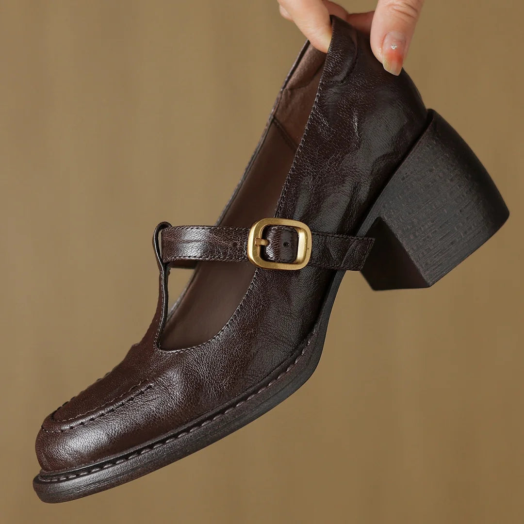 Sheepskin Chunky Heel Round Toe Tstrap Slipon Pumps British Style Retro Female Med Heeled Shoes for Autumn