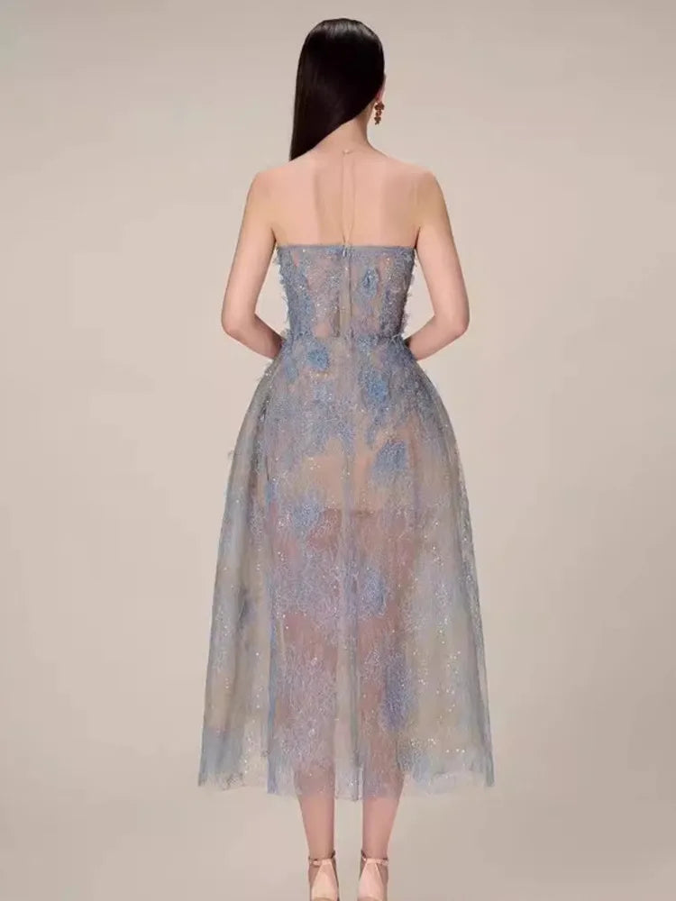Korean Style 3d Flower Sequin Lace Strapless Dress Multi-color Mesh Long Dresses New Spring Summer A7877