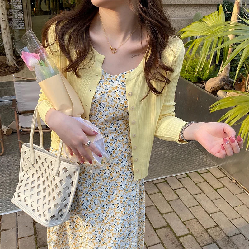 Knitted Cardigan With Camisole Skirt, Thin Outer Layer for Summer Yellow Short Cover Up, Shawl Sun Protection Jacket Top