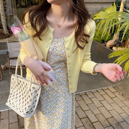 Knitted Cardigan With Camisole Skirt, Thin Outer Layer for Summer Yellow Short Cover Up, Shawl Sun Protection Jacket Top