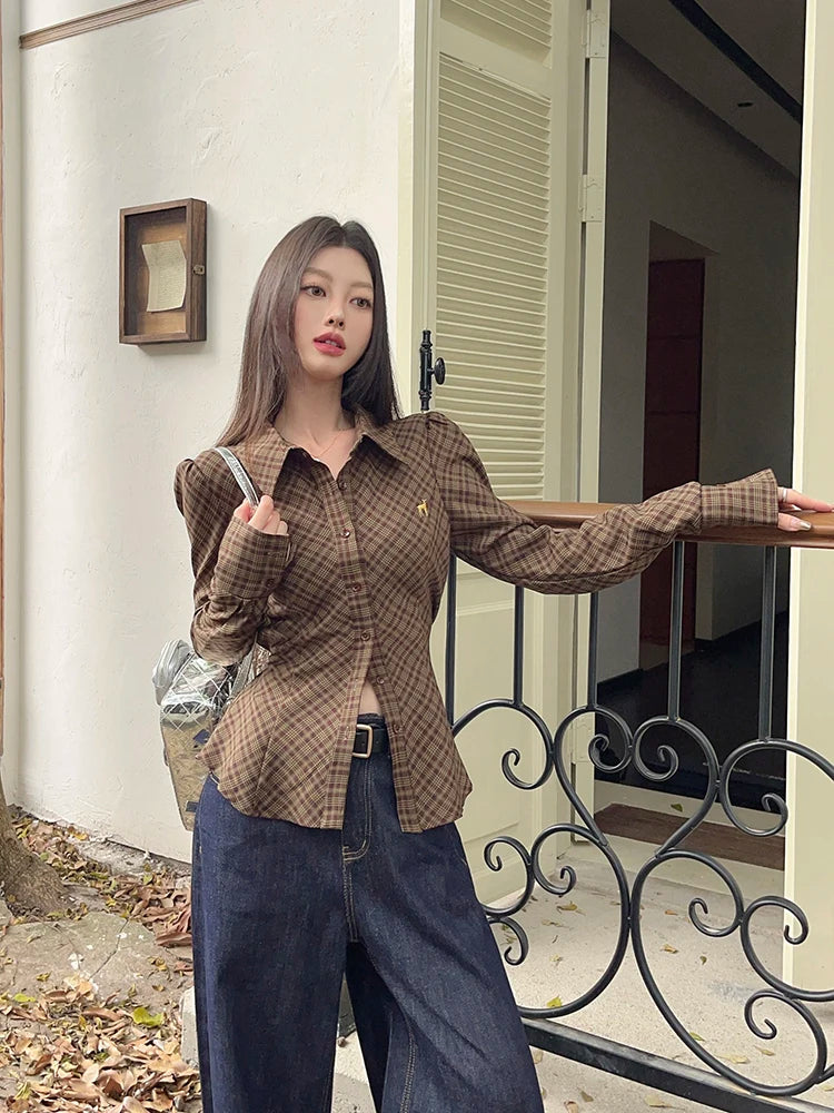Plaid Shirt Brown Embroidered Waistband Tied Blouse Puff Sleeve Tops Spring Slim Button Up Clothes