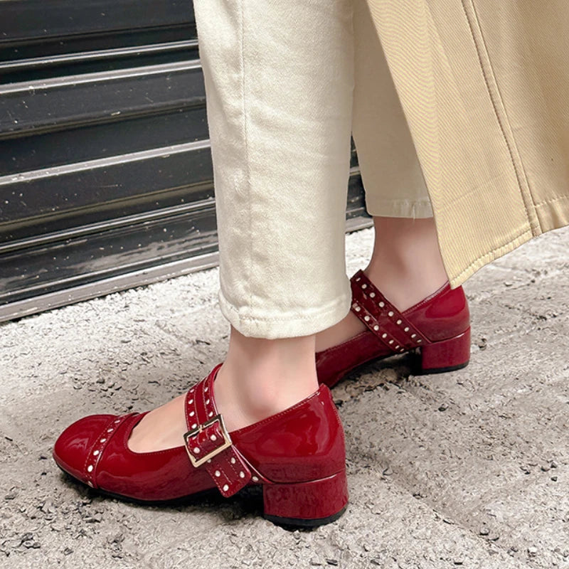 Sweet Patent Leather Buckle Strap Mary Jane Shoes New Round Toe Dress Pumps Shoes Brand Designer High Heels