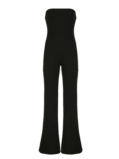Black Strapless Long Jumpsuits for Slim Wide Leg Flared Rompers Simple Vacation Overalls