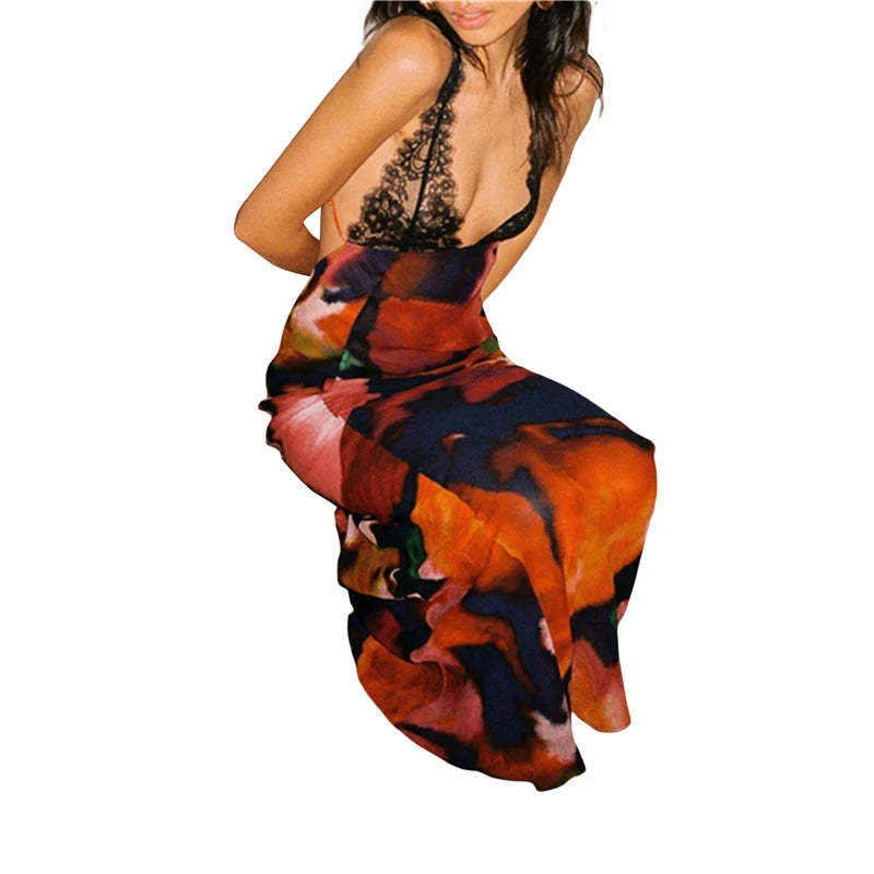Lace Trim Dress Y2k Aesthetic Leopard/ Print Sleeveless Long Dresses Backless Cocktail Party Dresses