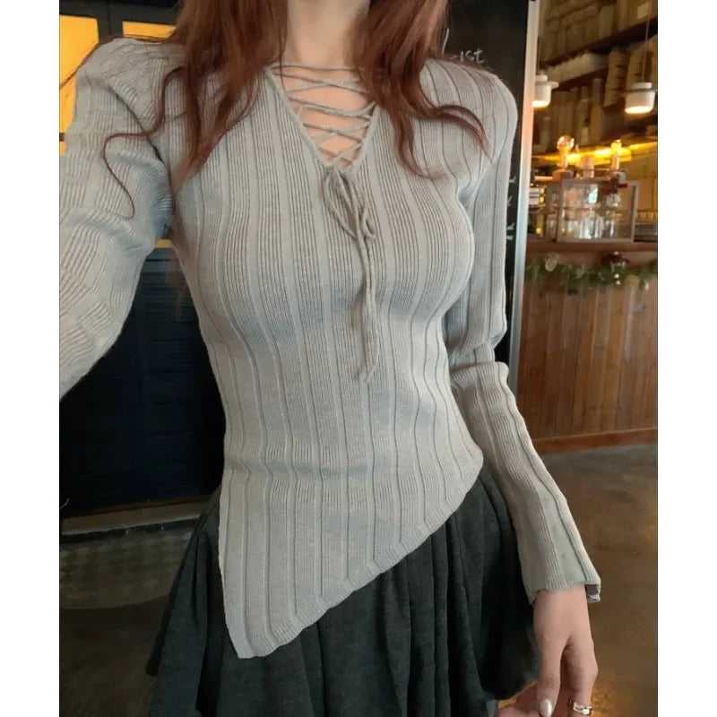 High Street Color Irregular Long Sleeve Sweater Spring New Vneck Laceup Slim Thread Knitted Tops