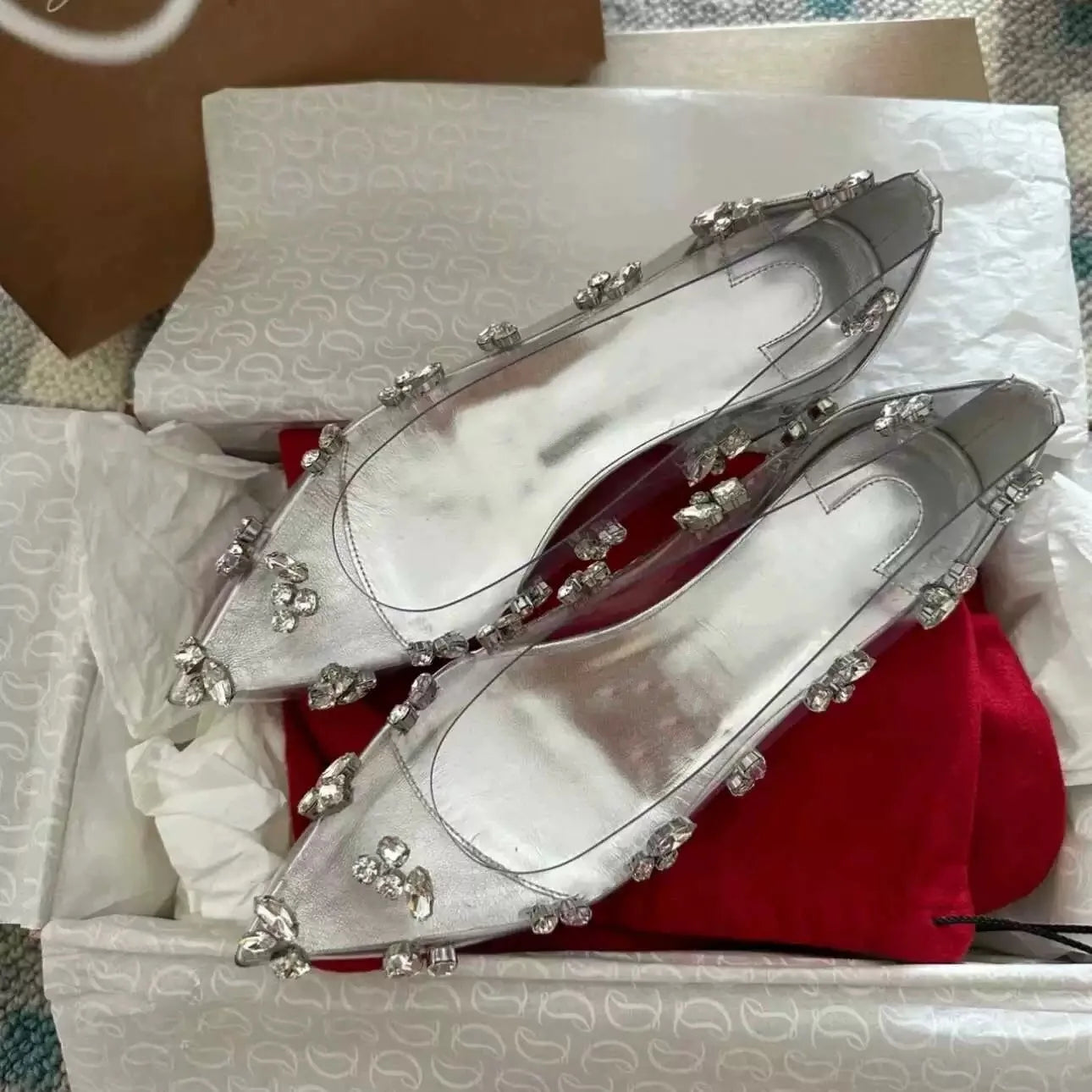 Transparent Rhinestone Pointed Ballet Shoes Design Sense Simple High Heels Silver Design Flats