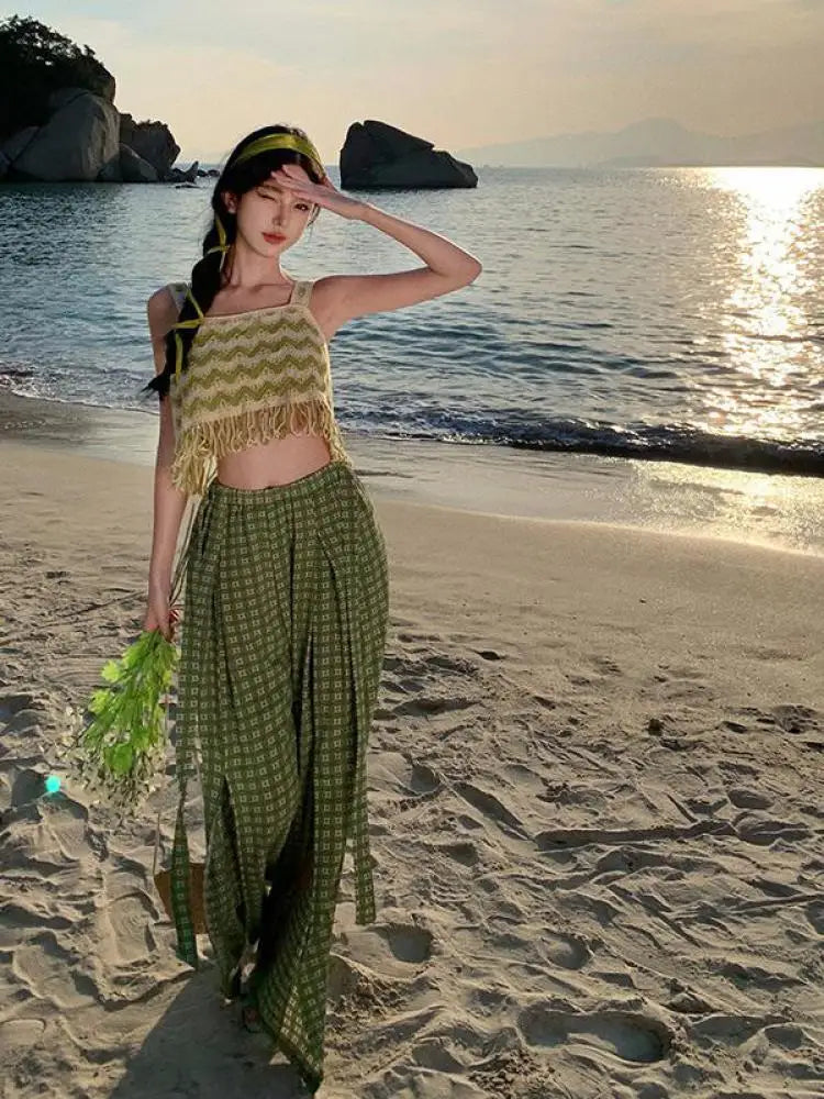 Green Print High Waist Pleated Wide Leg Pant Summer Pink Loose Straight Split Trousers