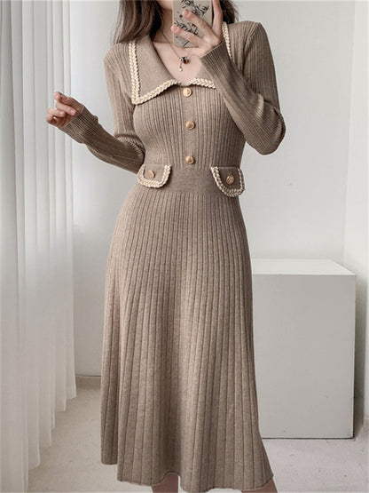 Female Long Dress Pocket Knitwear Ribbed Patchwork High Waist Commute Slim Party Dress Autumn Knit Dress