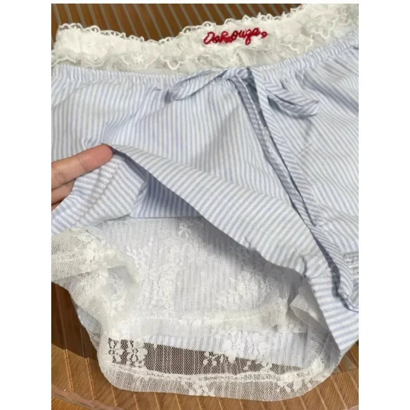 Summer New Letter Embroidery Seethrough White Lace Shorts + Laceup Striped Shorts Twopiece Suit