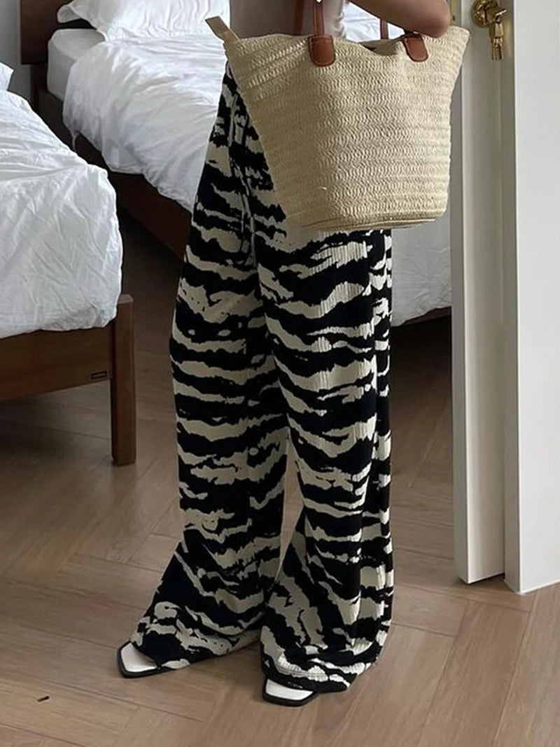 Zebra Stripe Knitted Straight Pants Drawstring Elastic Waist Loose Baggy Trousers Vacation Outfits