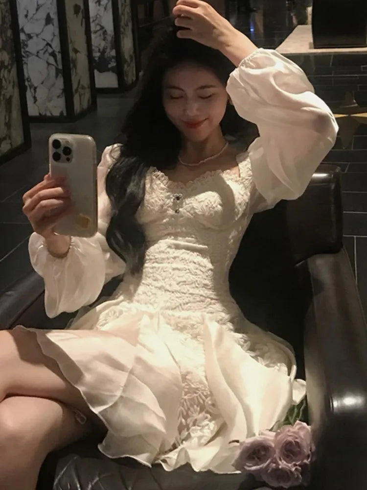 Lace Patchwork Mini Dress for Square Collar Long Sleeves Princess Birthday Evening Dresses Aline Short Vestidos