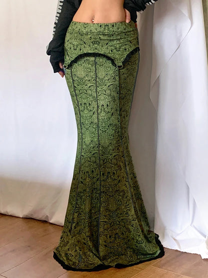 Forest Green Print Aesthetic Vacation Long Skirts Lace Trim Mermaid Skirt